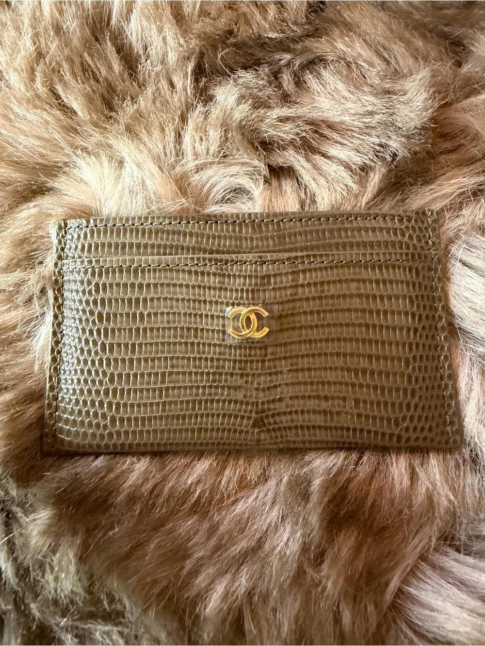 Chanel Embossed Lizard Cardholder in Khaki and Gold hardware